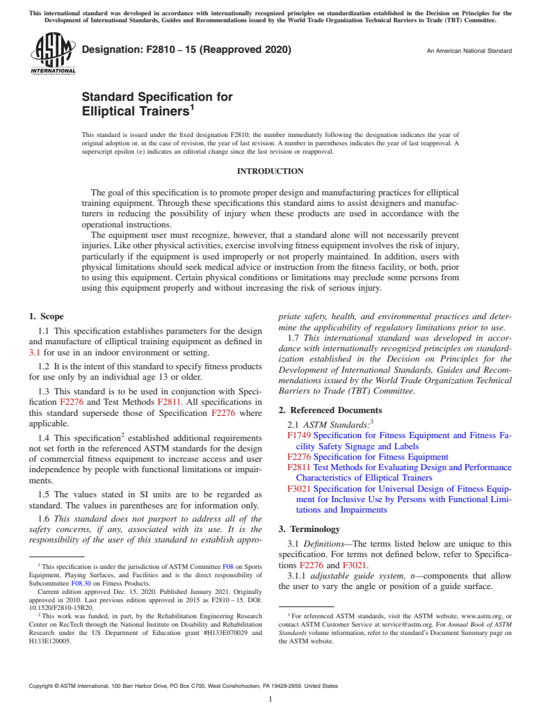 ASTM F2810-15(2020) - Standard Specification for Elliptical Trainers