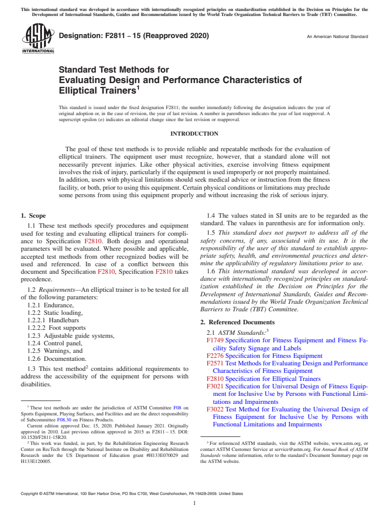 ASTM F2811-15(2020) - Standard Test Methods for Evaluating Design and Performance Characteristics of Elliptical  Trainers