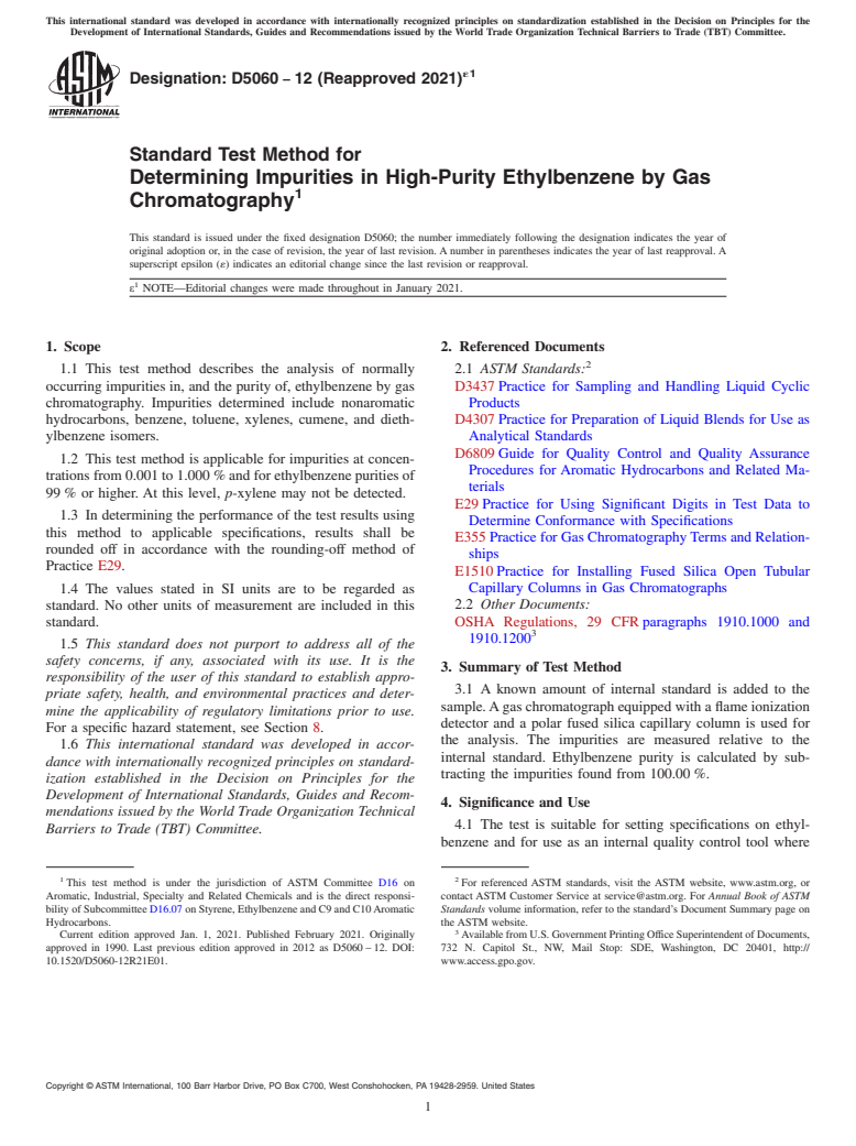 ASTM D5060-12(2021)e1 - Standard Test Method for Determining Impurities in High-Purity Ethylbenzene by Gas Chromatography