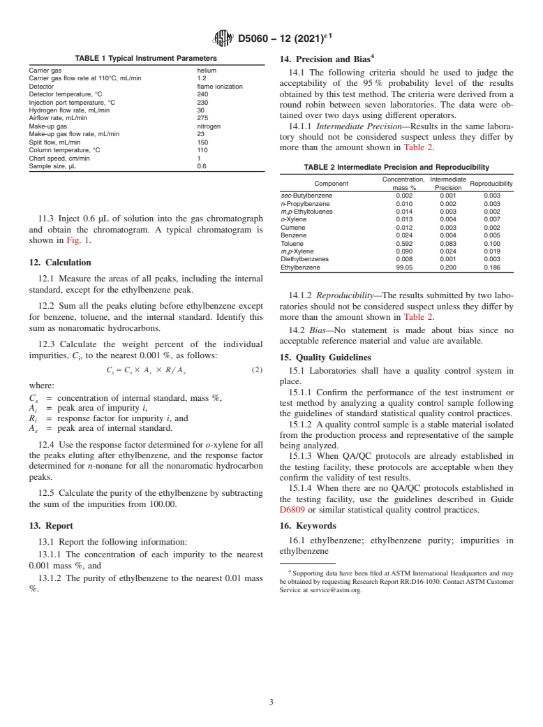 ASTM D5060-12(2021)e1 - Standard Test Method for Determining Impurities in High-Purity Ethylbenzene by Gas Chromatography