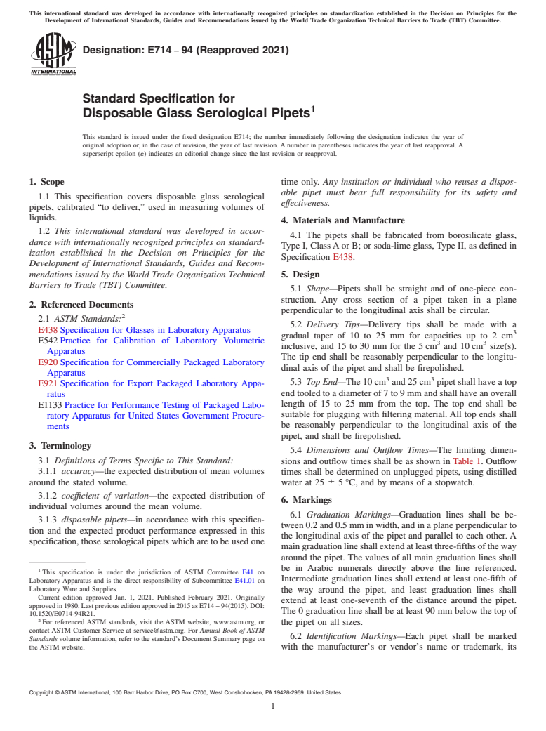 ASTM E714-94(2021) - Standard Specification for  Disposable Glass Serological Pipets