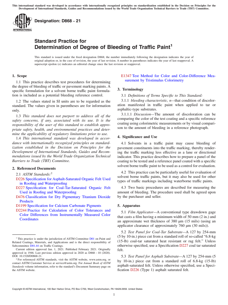 ASTM D868-21 - Standard Practice for Determination of Degree of Bleeding of Traffic Paint