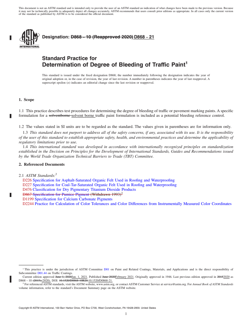 REDLINE ASTM D868-21 - Standard Practice for Determination of Degree of Bleeding of Traffic Paint