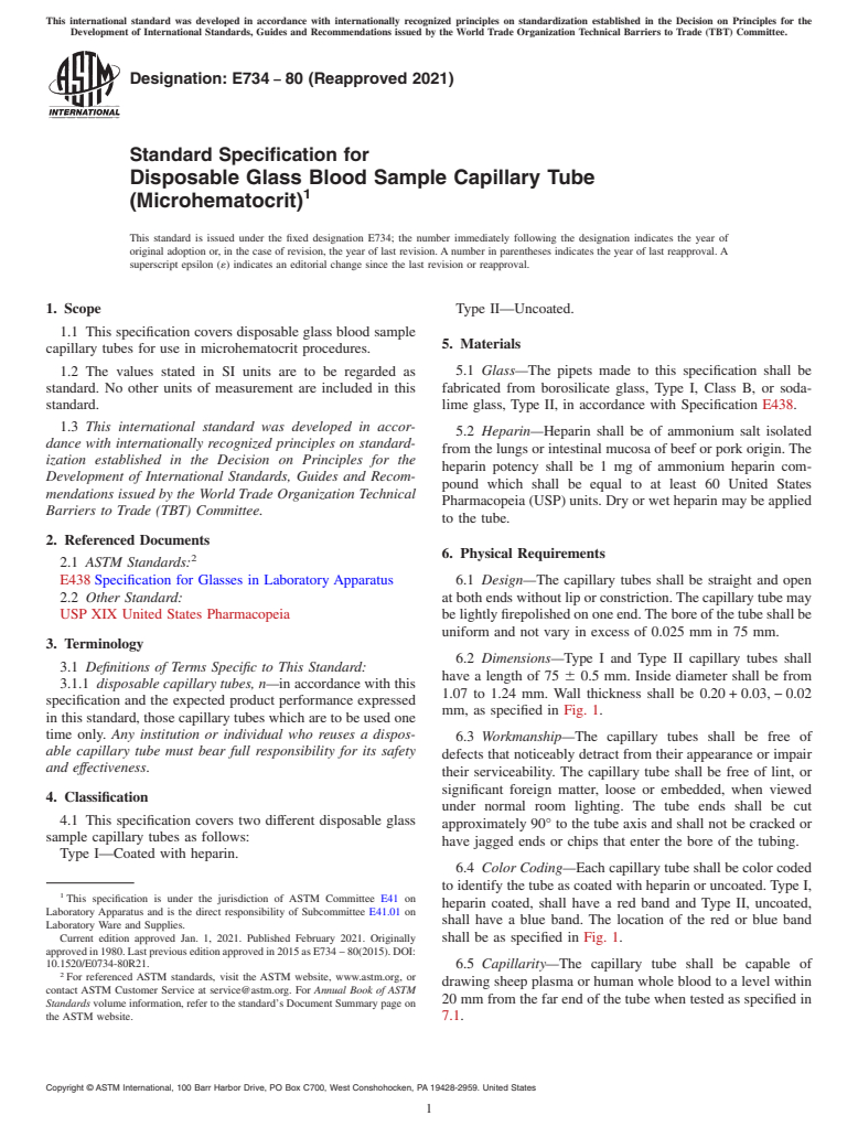 ASTM E734-80(2021) - Standard Specification for  Disposable Glass Blood Sample Capillary Tube (Microhematocrit)