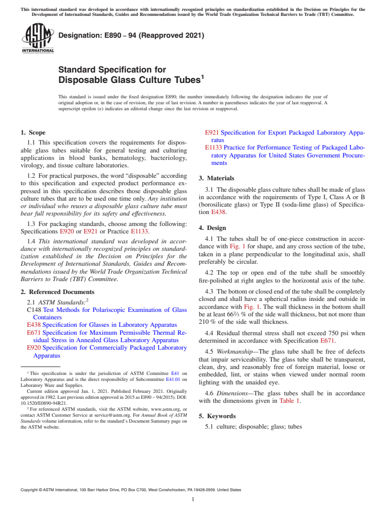 ASTM E890-94(2021) - Standard Specification for  Disposable Glass Culture Tubes