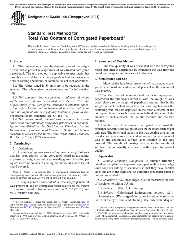 ASTM D3344-90(2021) - Standard Test Method for  Total Wax Content of Corrugated Paperboard