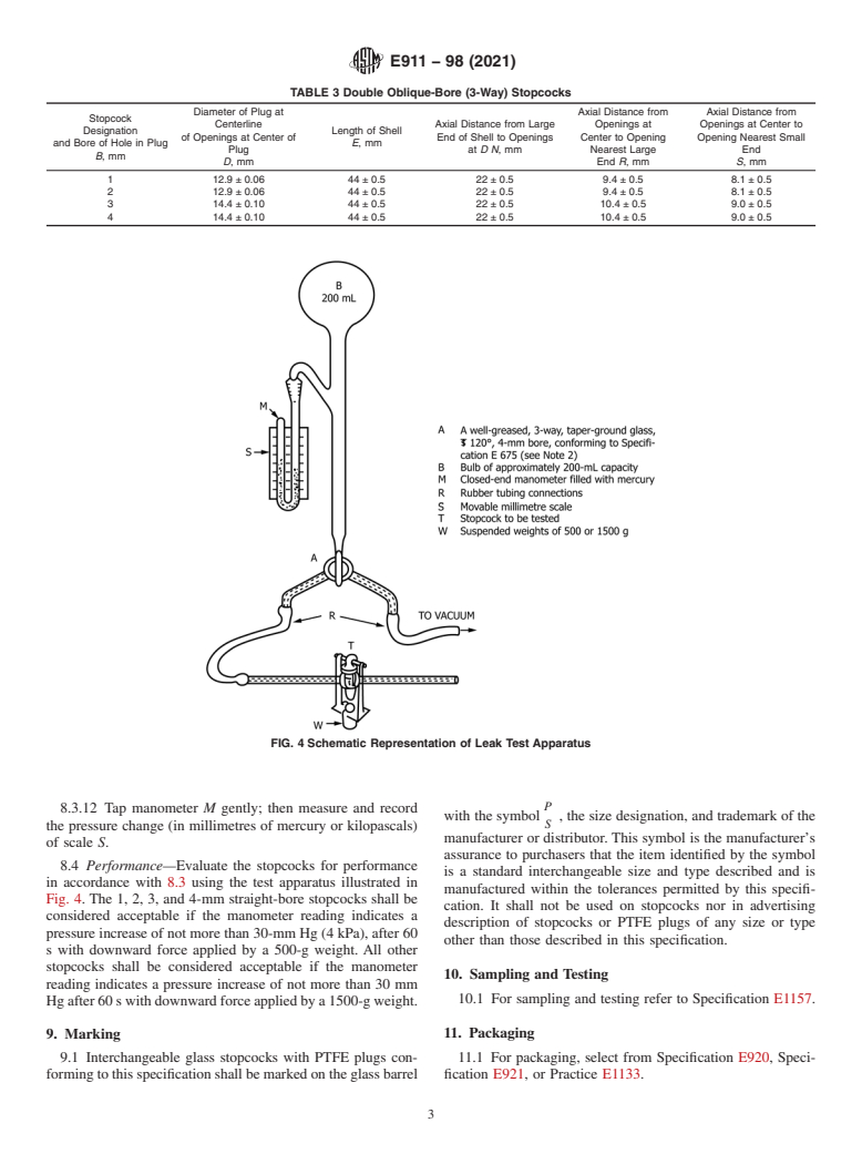 ASTM E911-98(2021) - Standard Specification for  Glass Stopcocks with Polytetrafluoroethylene (PTFE) Plugs