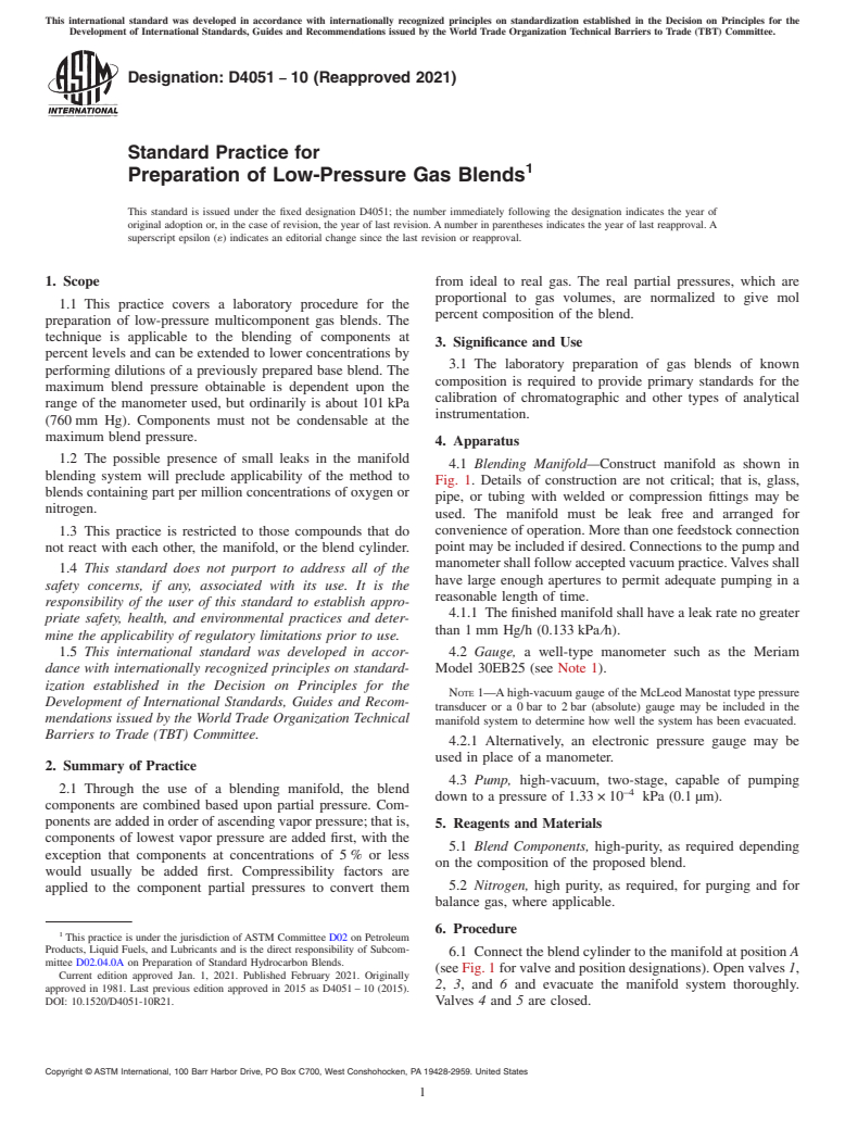 ASTM D4051-10(2021) - Standard Practice for  Preparation of Low-Pressure Gas Blends