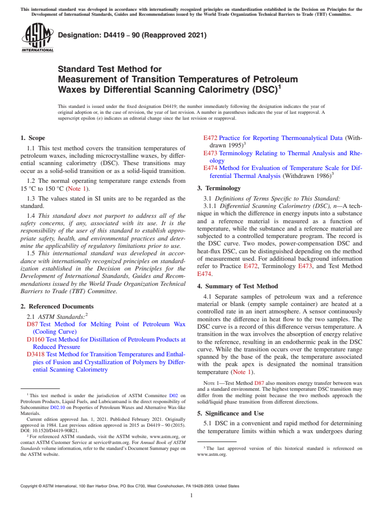 ASTM D4419-90(2021) - Standard Test Method for  Measurement of Transition Temperatures of Petroleum Waxes by  Differential Scanning Calorimetry (DSC)