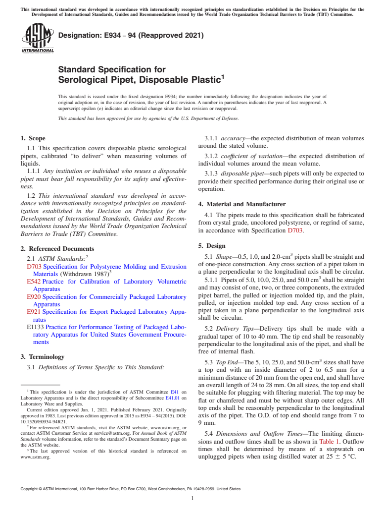 ASTM E934-94(2021) - Standard Specification for  Serological Pipet, Disposable Plastic