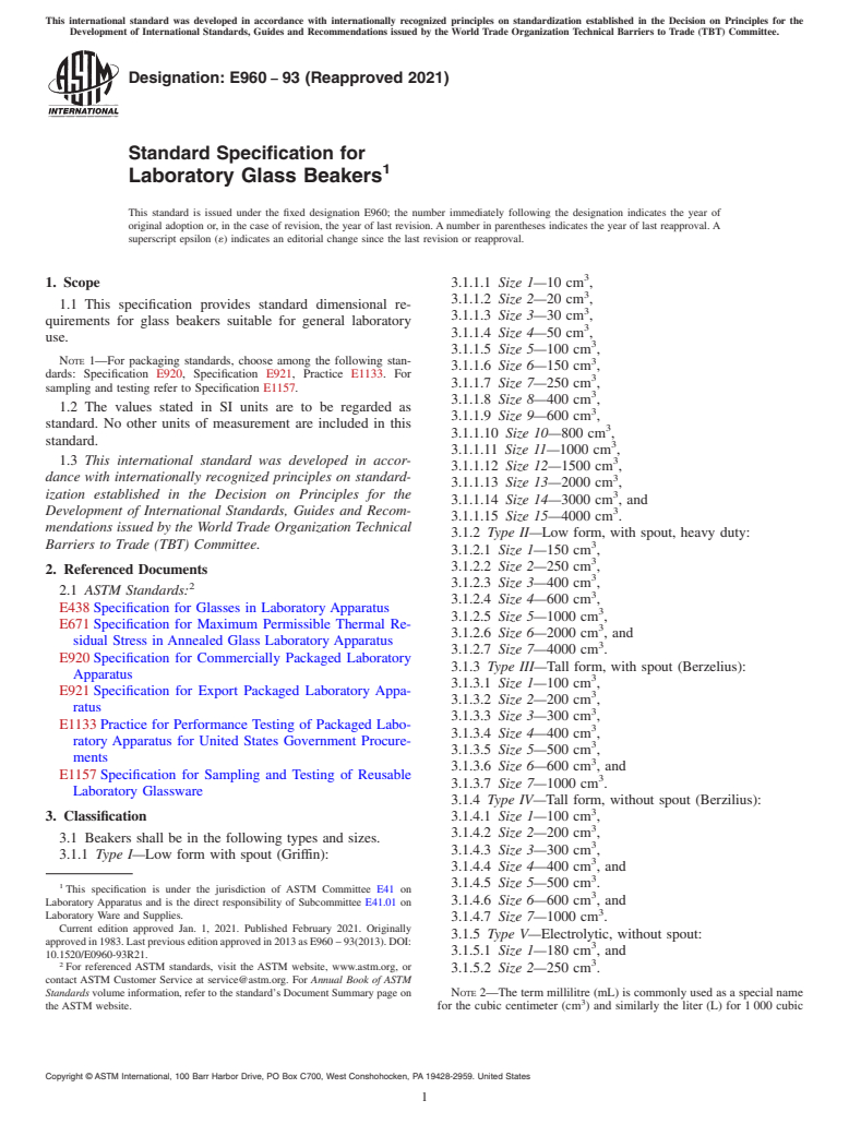 ASTM E960-93(2021) - Standard Specification for  Laboratory Glass Beakers