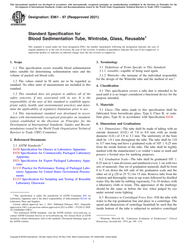 ASTM E961-97(2021) - Standard Specification for  Blood Sedimentation Tube, Wintrobe, Glass, Reusable