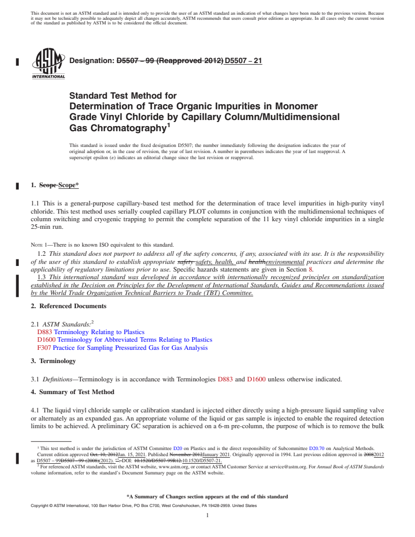 REDLINE ASTM D5507-21 - Standard Test Method for Determination of Trace Organic Impurities in Monomer Grade  Vinyl Chloride by Capillary Column/Multidimensional Gas Chromatography