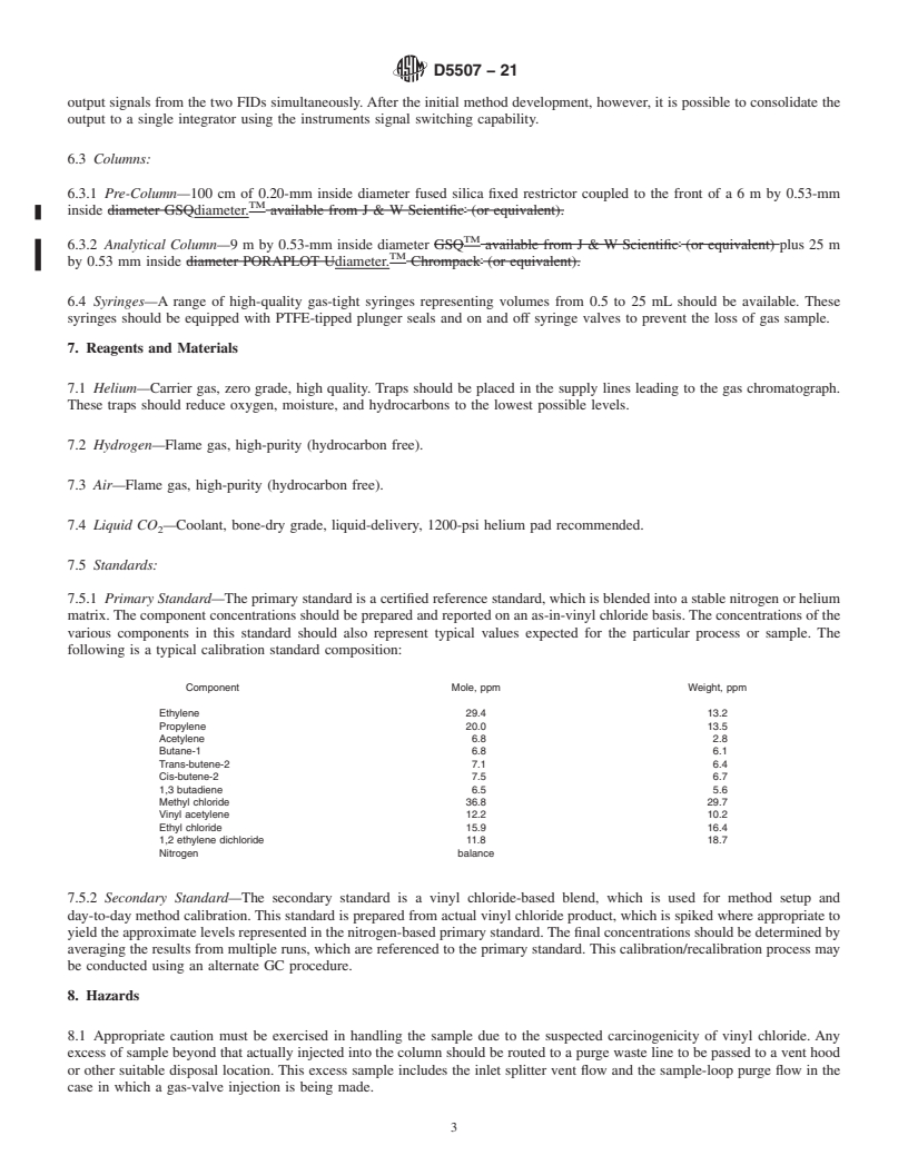 REDLINE ASTM D5507-21 - Standard Test Method for Determination of Trace Organic Impurities in Monomer Grade  Vinyl Chloride by Capillary Column/Multidimensional Gas Chromatography