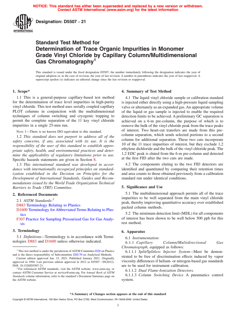 ASTM D5507-21 - Standard Test Method for Determination of Trace Organic Impurities in Monomer Grade  Vinyl Chloride by Capillary Column/Multidimensional Gas Chromatography