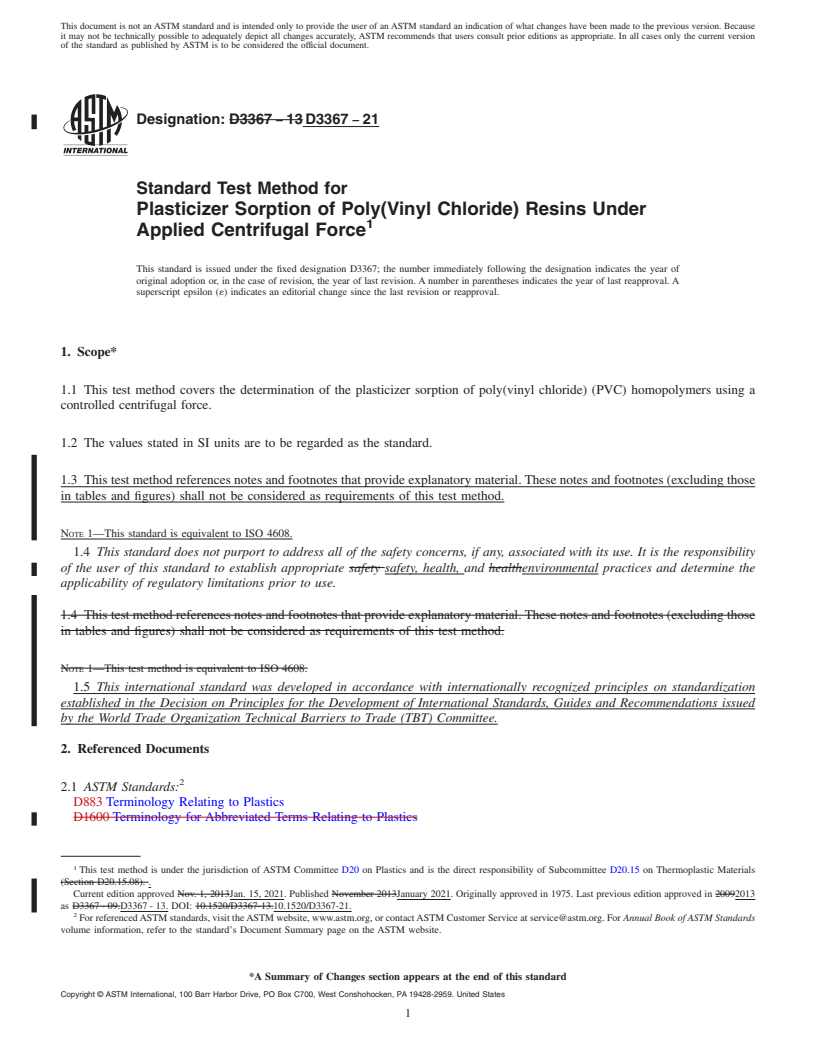 REDLINE ASTM D3367-21 - Standard Test Method for Plasticizer Sorption of Poly(Vinyl Chloride) Resins Under Applied  Centrifugal Force