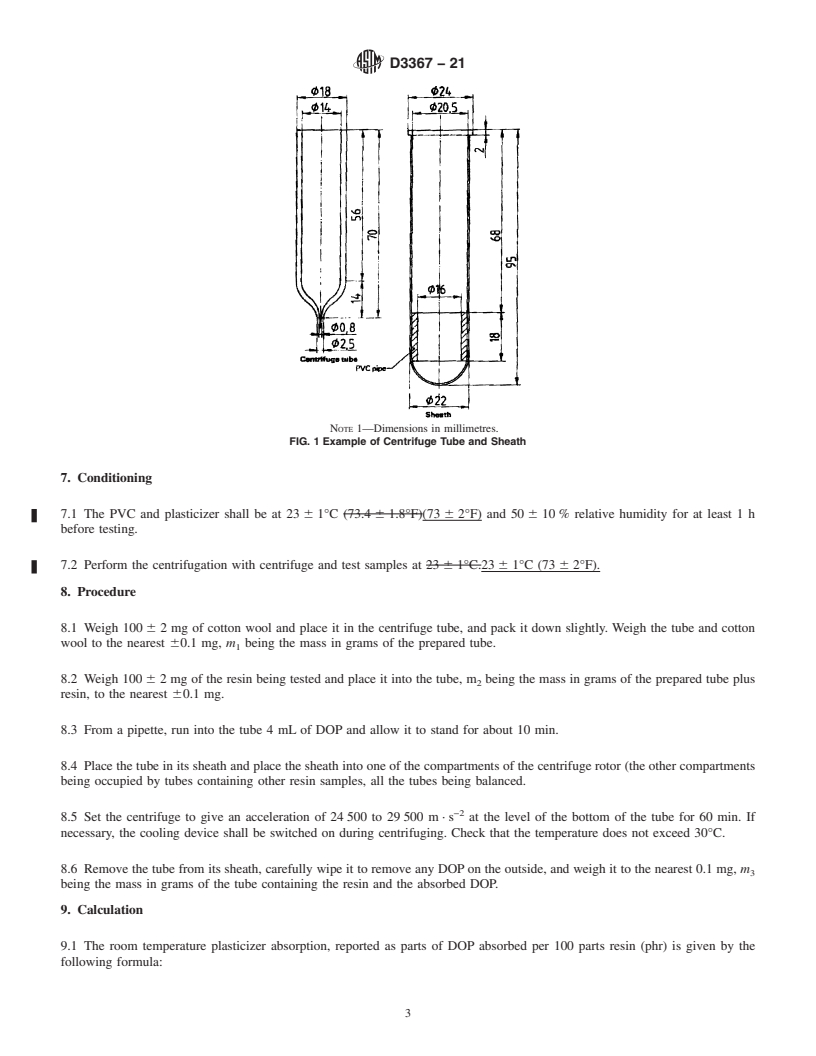 REDLINE ASTM D3367-21 - Standard Test Method for Plasticizer Sorption of Poly(Vinyl Chloride) Resins Under Applied  Centrifugal Force