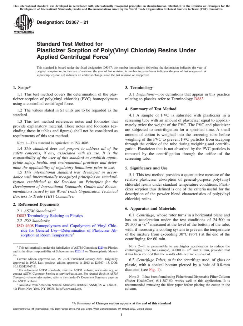 ASTM D3367-21 - Standard Test Method for Plasticizer Sorption of Poly(Vinyl Chloride) Resins Under Applied  Centrifugal Force