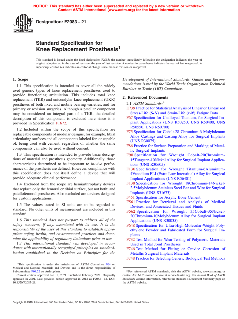 ASTM F2083-21 - Standard Specification for Knee Replacement Prosthesis (Withdrawn 2023)