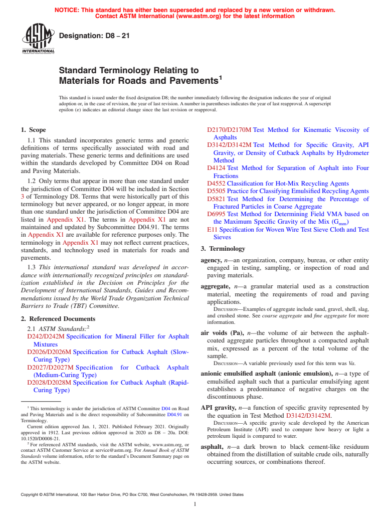 ASTM D8-21 - Standard Terminology Relating to Materials for Roads and Pavements