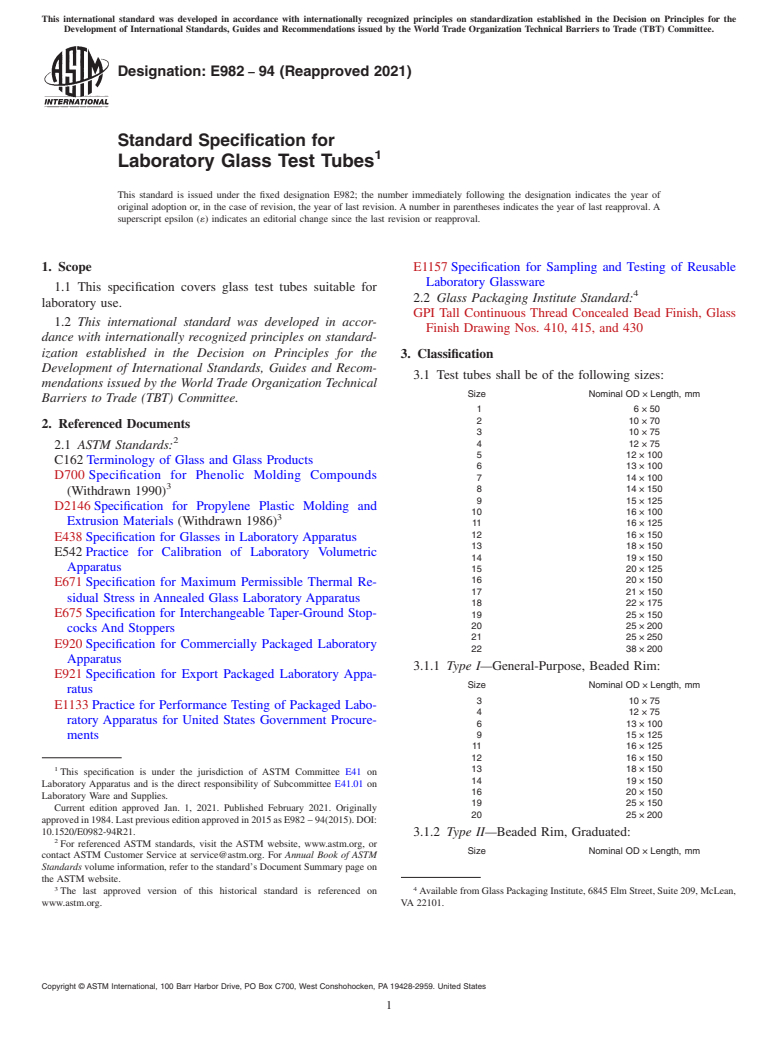 ASTM E982-94(2021) - Standard Specification for  Laboratory Glass Test Tubes