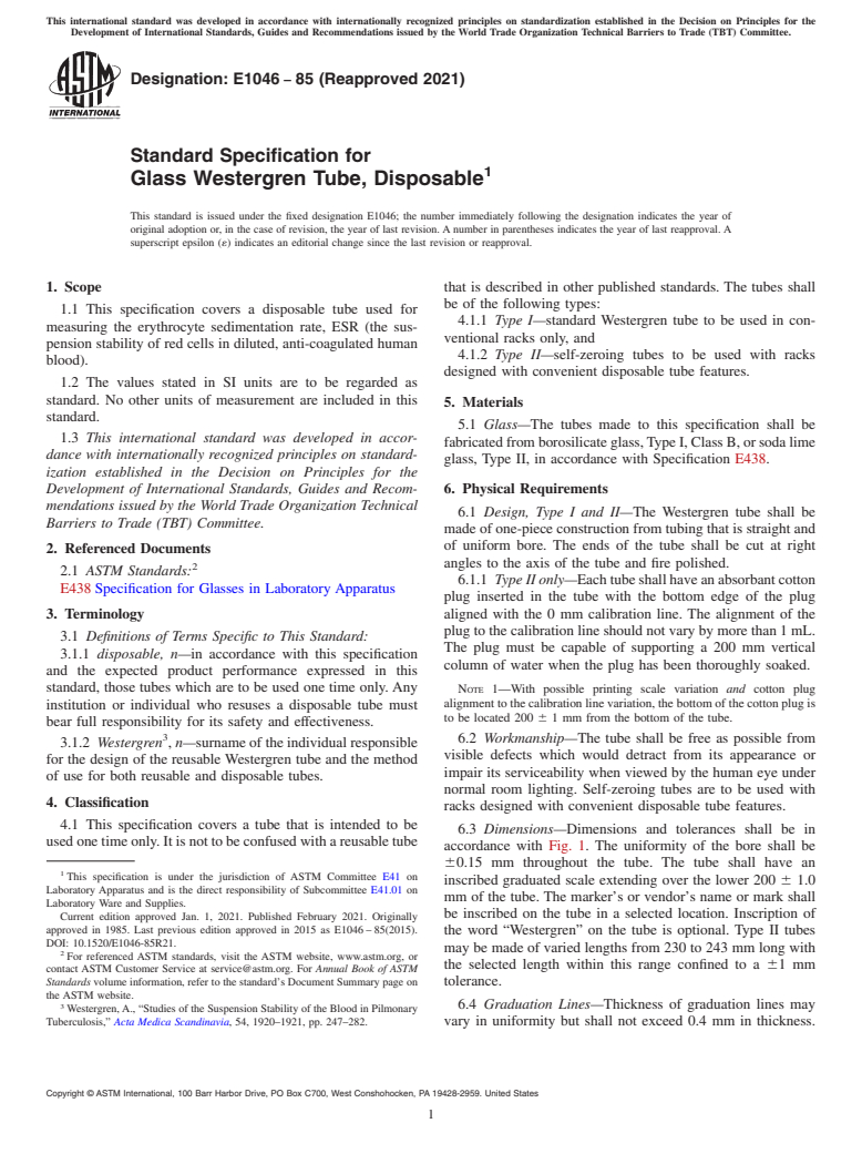 ASTM E1046-85(2021) - Standard Specification for  Glass Westergren Tube, Disposable