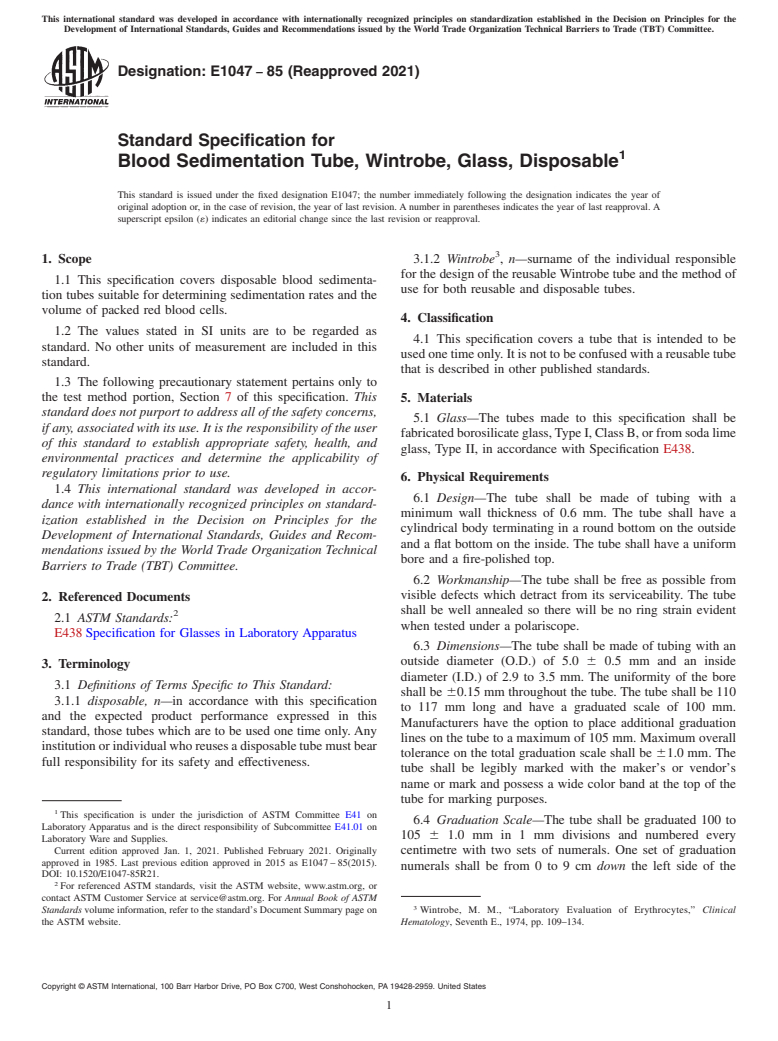 ASTM E1047-85(2021) - Standard Specification for  Blood Sedimentation Tube, Wintrobe, Glass, Disposable