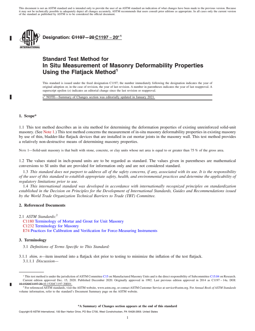 REDLINE ASTM C1197-20e1 - Standard Test Method for  In Situ Measurement of Masonry Deformability Properties Using  the Flatjack Method