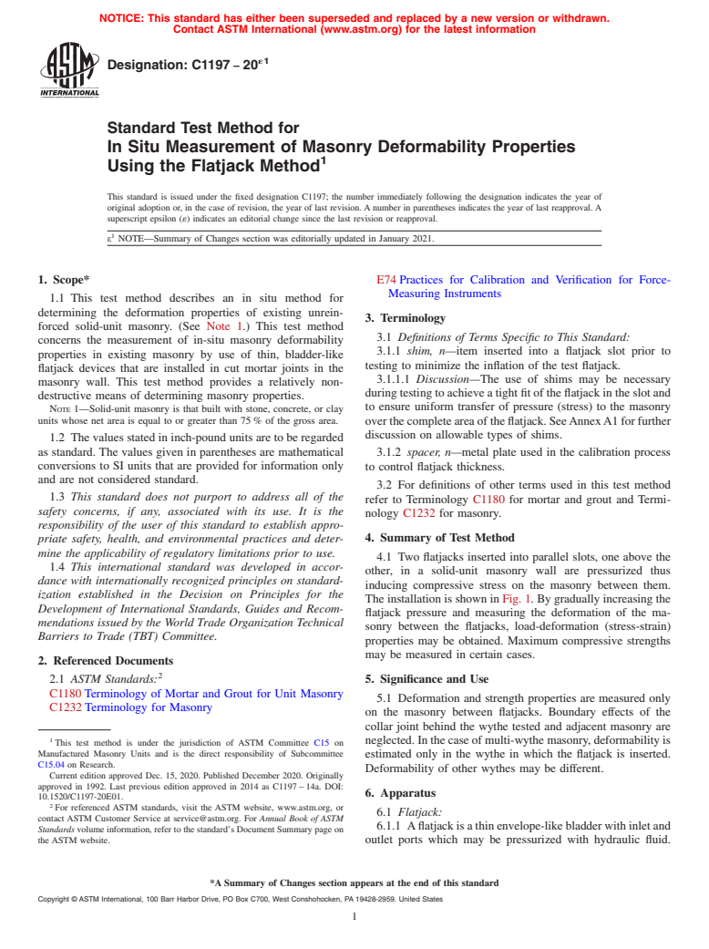 ASTM C1197-20e1 - Standard Test Method for  In Situ Measurement of Masonry Deformability Properties Using  the Flatjack Method