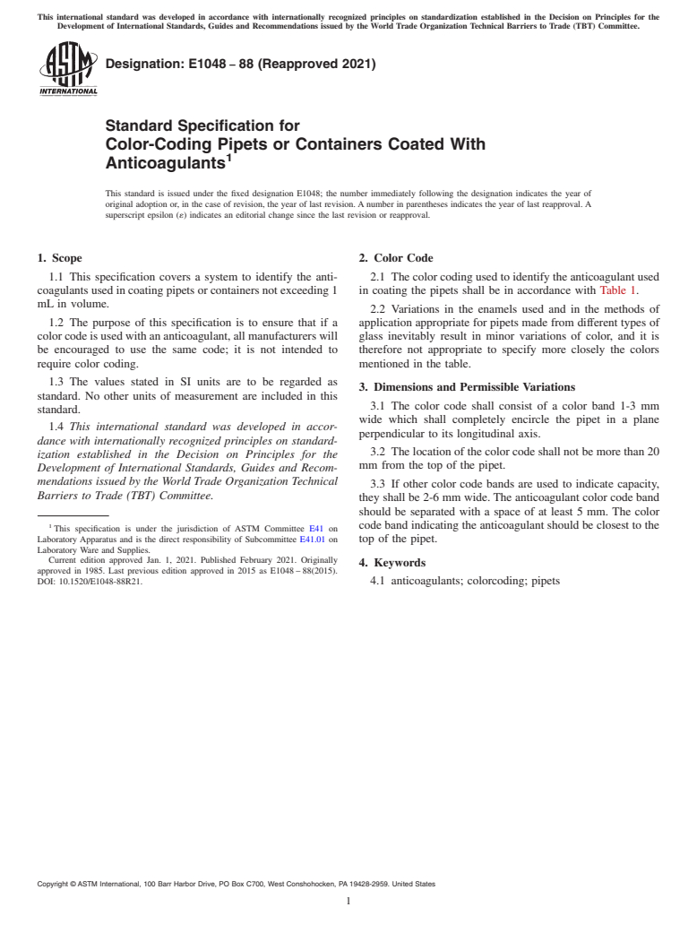 ASTM E1048-88(2021) - Standard Specification for  Color-Coding Pipets or Containers Coated With Anticoagulants