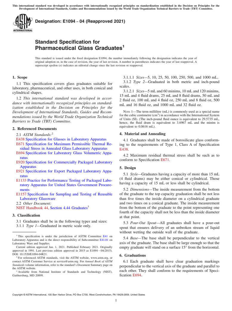 ASTM E1094-04(2021) - Standard Specification for  Pharmaceutical Glass Graduates
