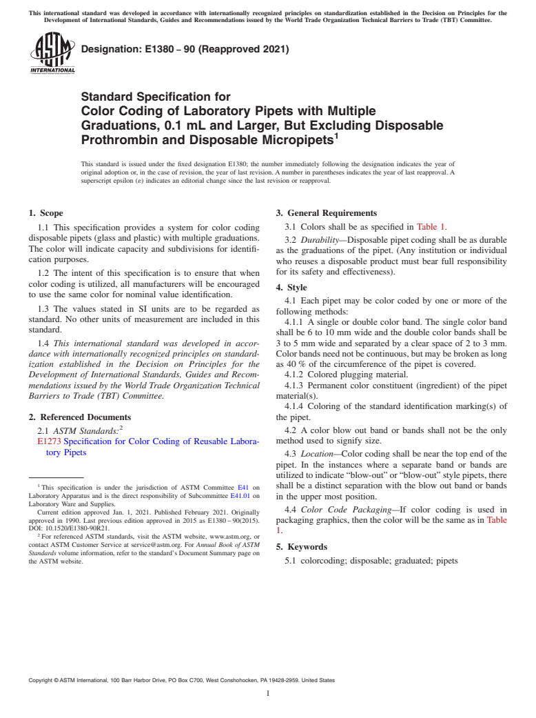 ASTM E1380-90(2021) - Standard Specification for  Color Coding of Laboratory Pipets with Multiple Graduations,  0.1 mL and Larger, But Excluding Disposable Prothrombin and Disposable  Micropipets