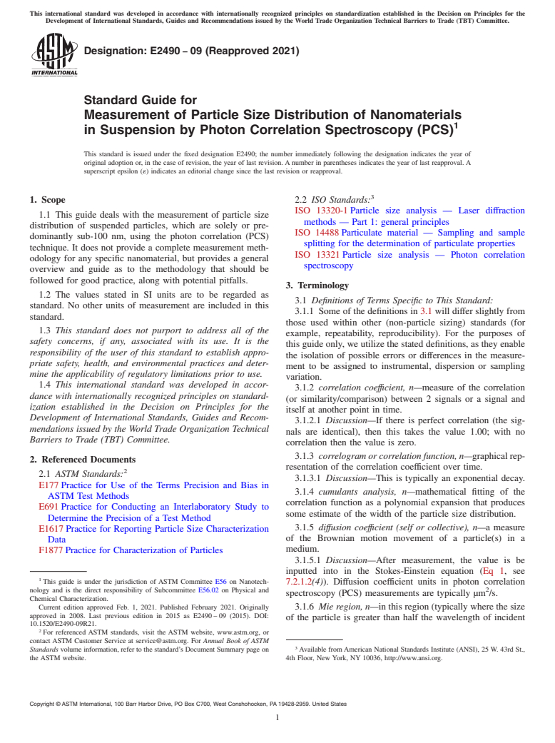 ASTM E2490-09(2021) - Standard Guide for Measurement of Particle Size Distribution of Nanomaterials  in Suspension by Photon Correlation Spectroscopy (PCS)