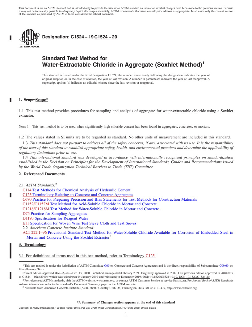REDLINE ASTM C1524-20 - Standard Test Method for  Water-Extractable Chloride in Aggregate (Soxhlet Method)