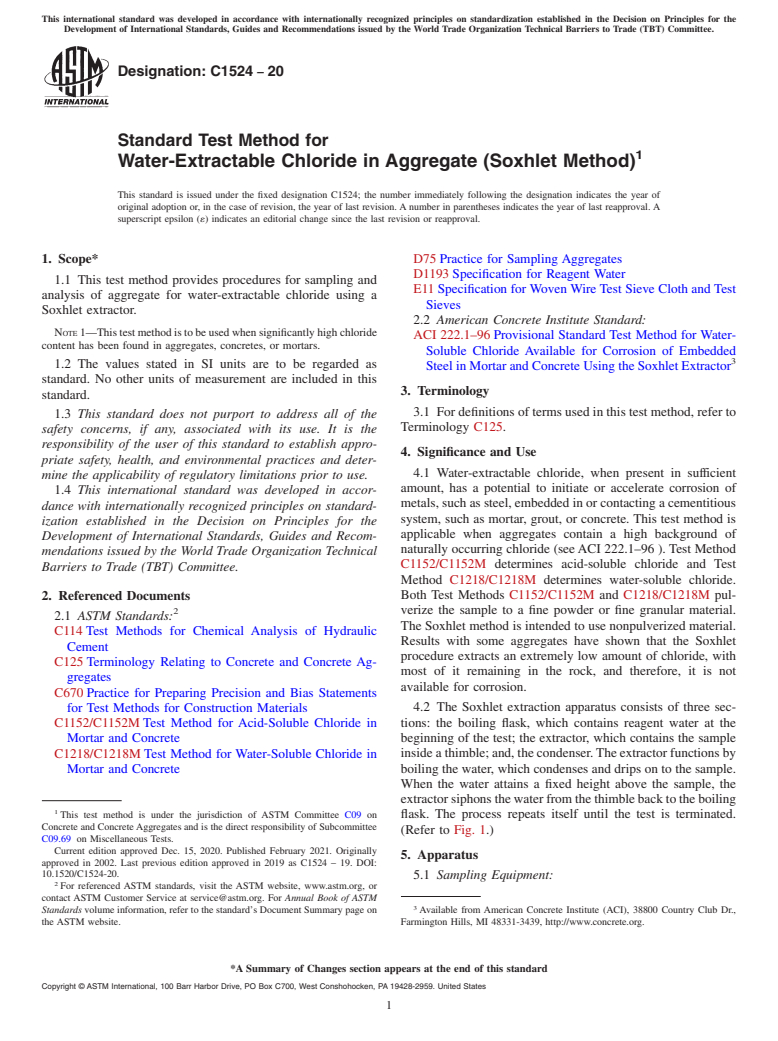 ASTM C1524-20 - Standard Test Method for  Water-Extractable Chloride in Aggregate (Soxhlet Method)
