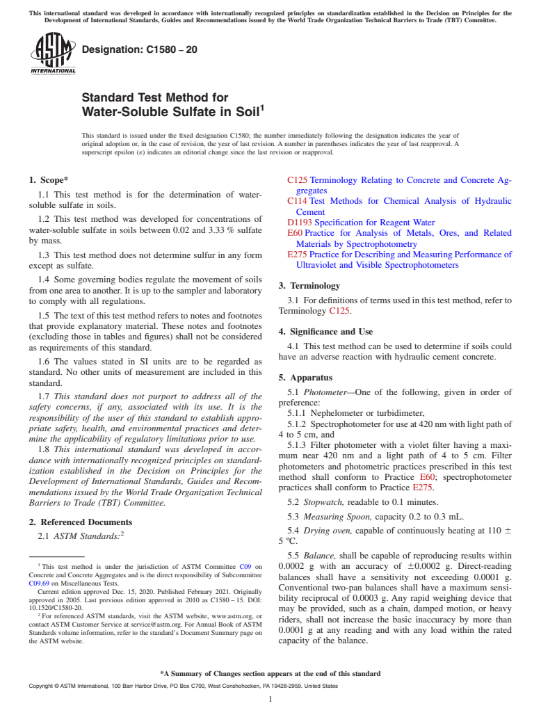 ASTM C1580-20 - Standard Test Method for  Water-Soluble Sulfate in Soil