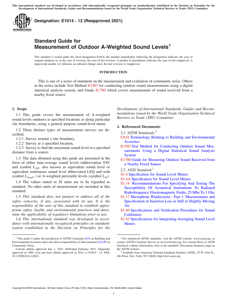 ASTM E1014-12(2021) - Standard Guide for  Measurement of Outdoor A-Weighted Sound Levels