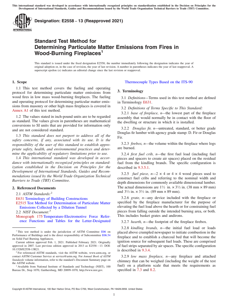 ASTM E2558-13(2021) - Standard Test Method for Determining Particulate Matter Emissions from Fires in Wood-Burning  Fireplaces