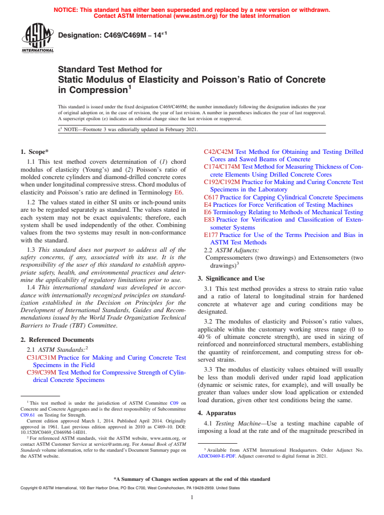 ASTM C469/C469M-14e1 - Standard Test Method for  Static Modulus of Elasticity and Poisson's Ratio of Concrete  in Compression