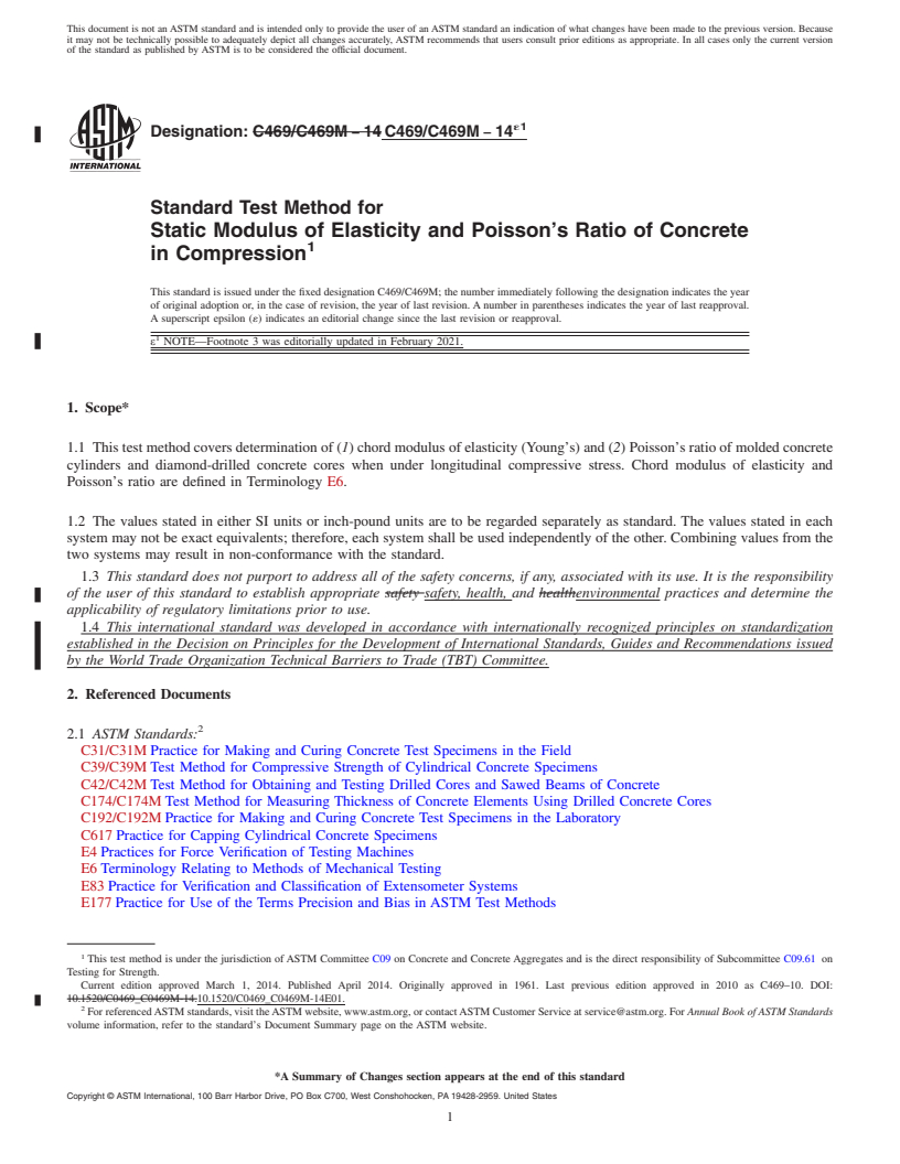 REDLINE ASTM C469/C469M-14e1 - Standard Test Method for  Static Modulus of Elasticity and Poisson's Ratio of Concrete  in Compression