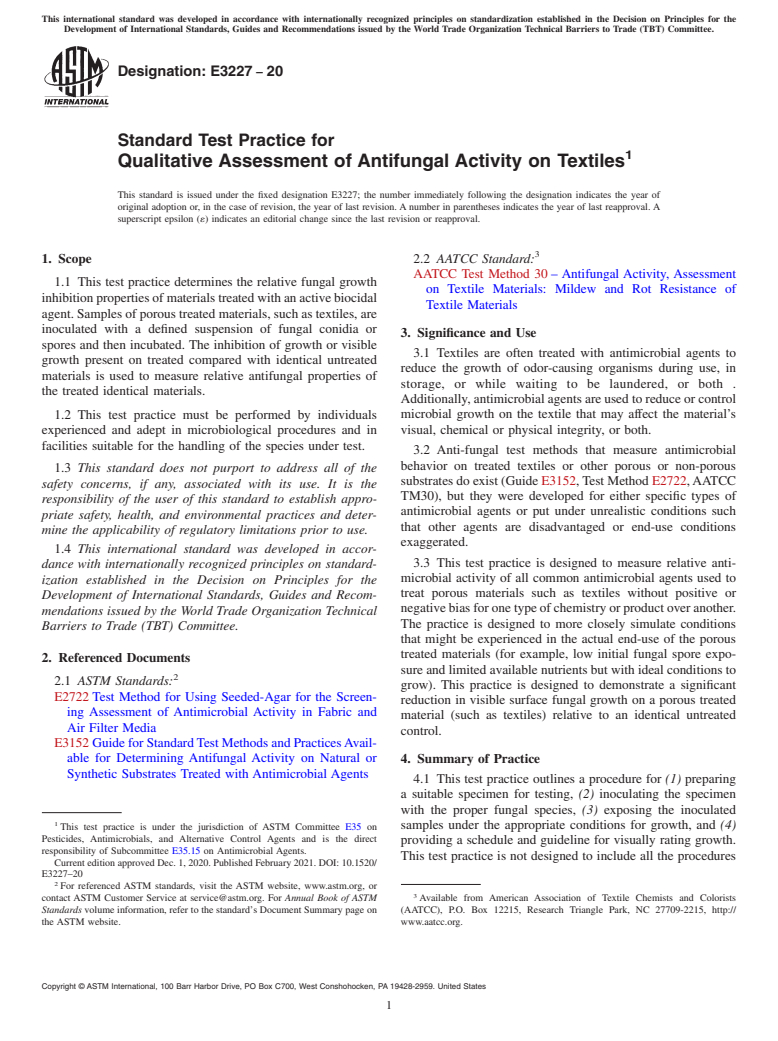 ASTM E3227-20 - Standard Test Practice for Qualitative Assessment of Antifungal Activity on Textiles