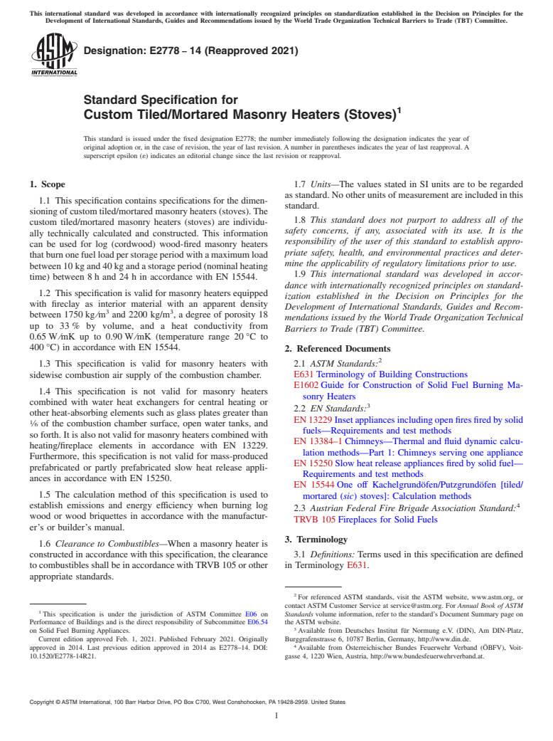 ASTM E2778-14(2021) - Standard Specification for Custom Tiled/Mortared Masonry Heaters (Stoves)