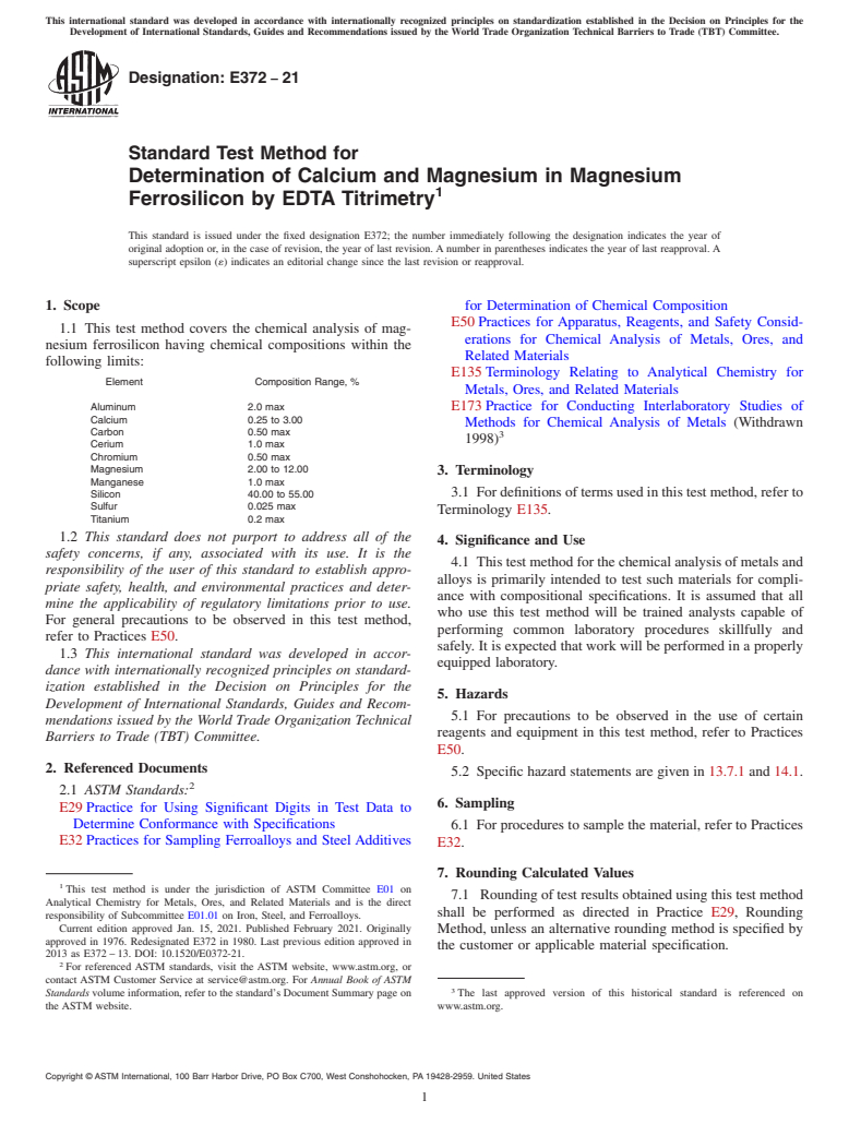 ASTM E372-21 - Standard Test Method for  Determination of Calcium and Magnesium in Magnesium Ferrosilicon  by EDTA Titrimetry
