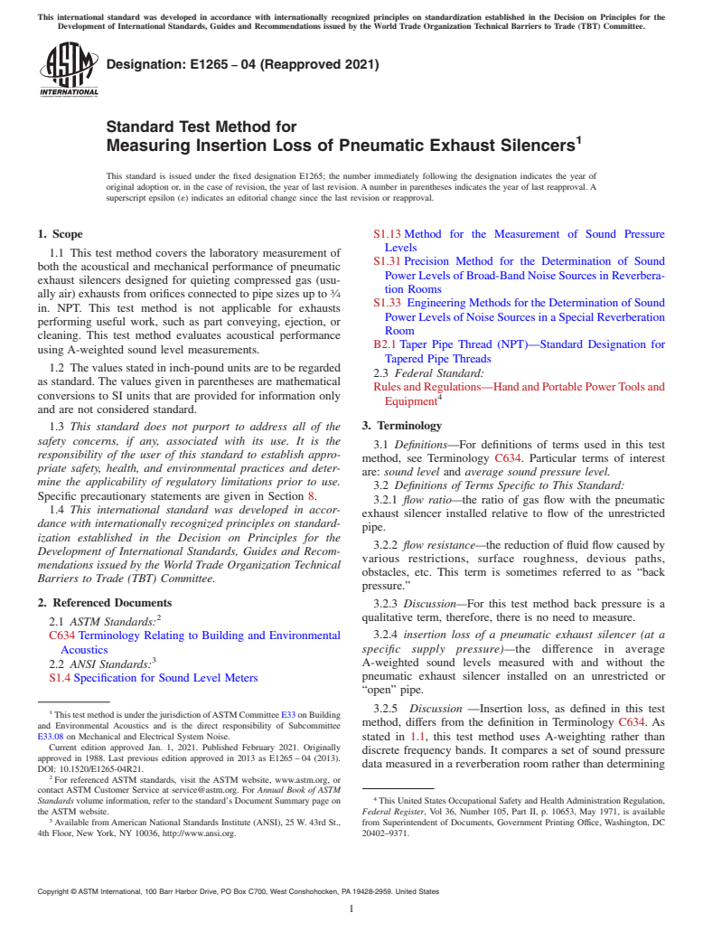 ASTM E1265-04(2021) - Standard Test Method for Measuring Insertion Loss of Pneumatic Exhaust Silencers