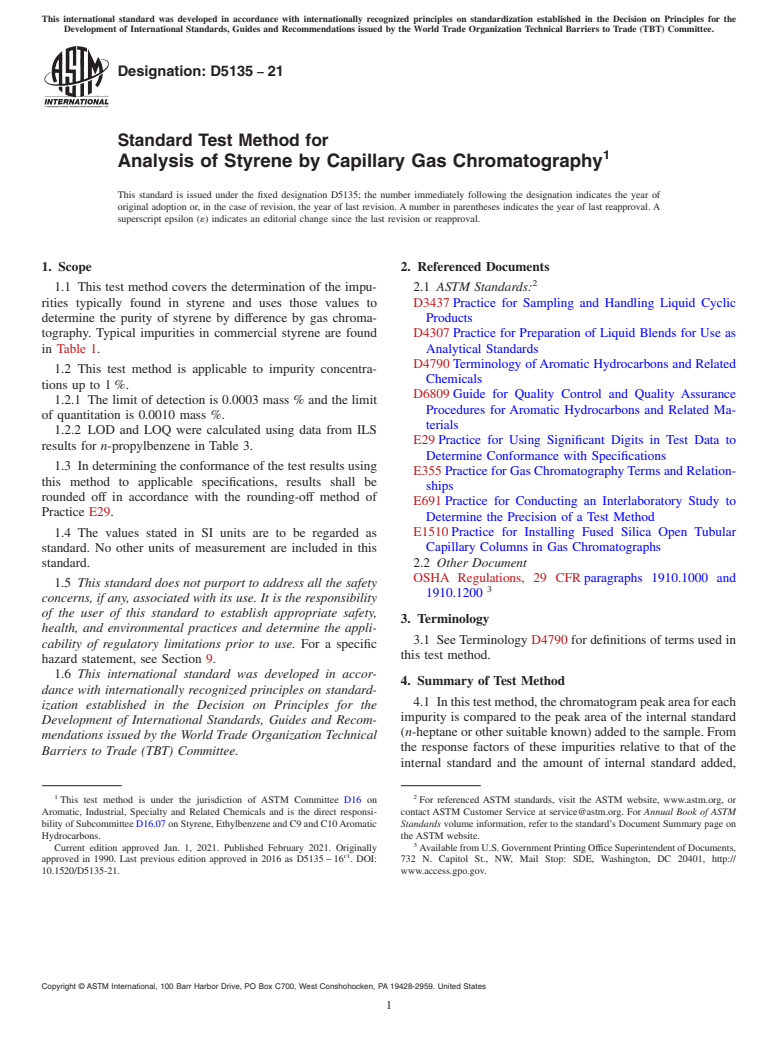 ASTM D5135-21 - Standard Test Method for Analysis of Styrene by Capillary Gas Chromatography