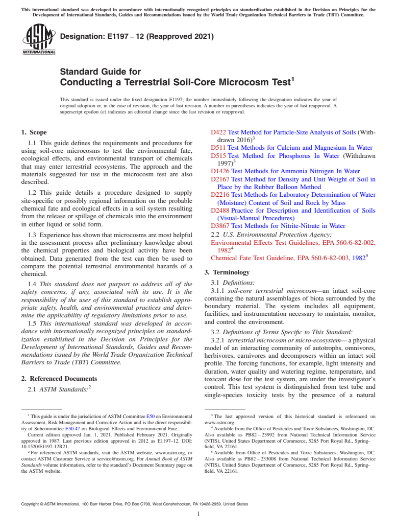 ASTM E1197-12(2021) - Standard Guide for  Conducting a Terrestrial Soil-Core Microcosm Test