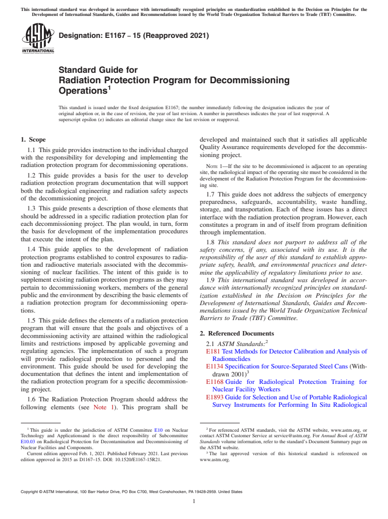 ASTM E1167-15(2021) - Standard Guide for  Radiation Protection Program for Decommissioning Operations