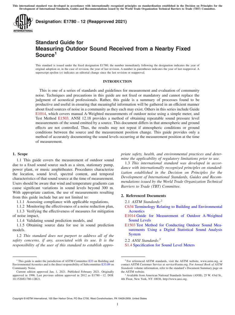 ASTM E1780-12(2021) - Standard Guide for Measuring Outdoor Sound Received from a Nearby Fixed Source