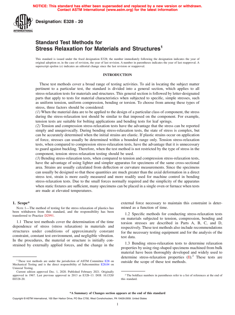 ASTM E328-20 - Standard Test Methods for  Stress Relaxation for Materials and Structures