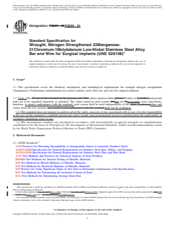 ASTM F2229-21 REDLINE ASTM F2229-21 - Standard Specification for Wrought, Nitrogen Strengthened 23Manganese-21Chromium-1Molybdenum Low-Nickel Stainless Steel Alloy Bar and Wire for Surgical Implants (UNS S29108) - Page 1 preview